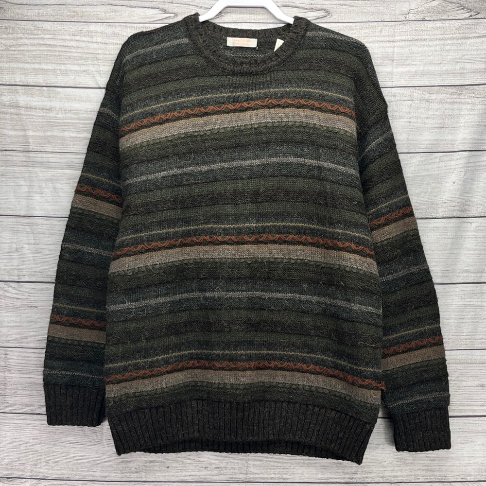 NOW Made in Italy Mens Wool Alpaca Blend Striped Crewneck Sweater Green Large